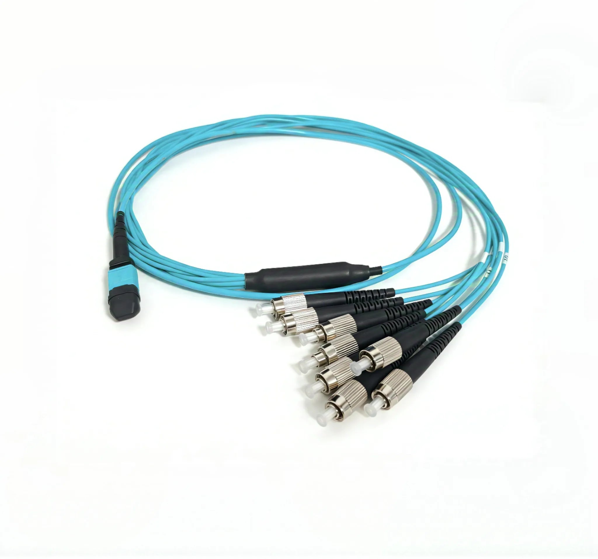 MPO (Female) to 8x FC/UPC Fiber Optic Patch Cord, OM3 Multimode, 8 Fibers, LSZH Jacket, 1m, Aqua, for Data Center & Network Cabling
