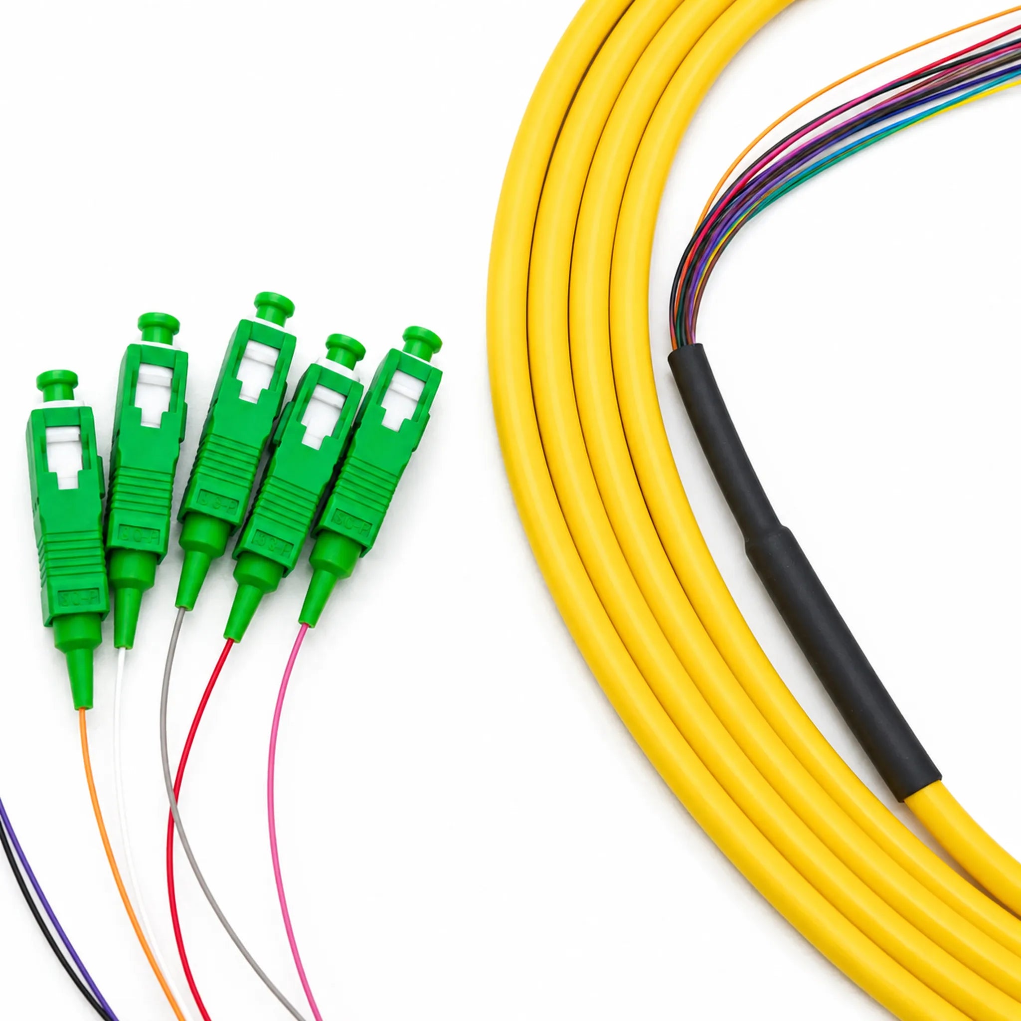 SC to SC APC Single Mode 12-Fiber LSZH Ribbon Fiber Optic Pigtail 3m, Yellow, for Data Center & Telecom