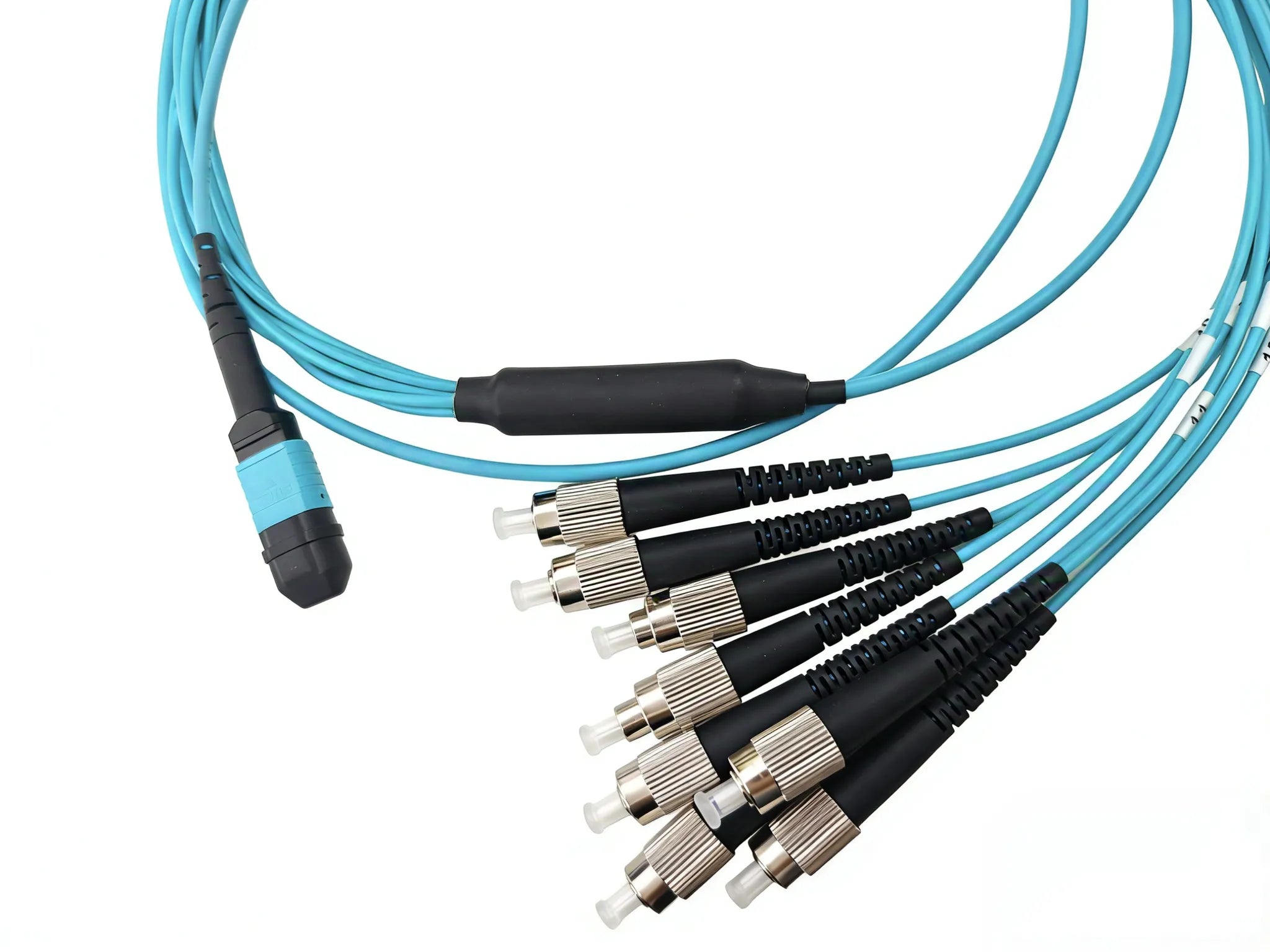 MPO (Female) to 8x FC/UPC Fiber Optic Patch Cord, OM3 Multimode, 8 Fibers, LSZH Jacket, 1m, Aqua, for Data Center & Network Cabling