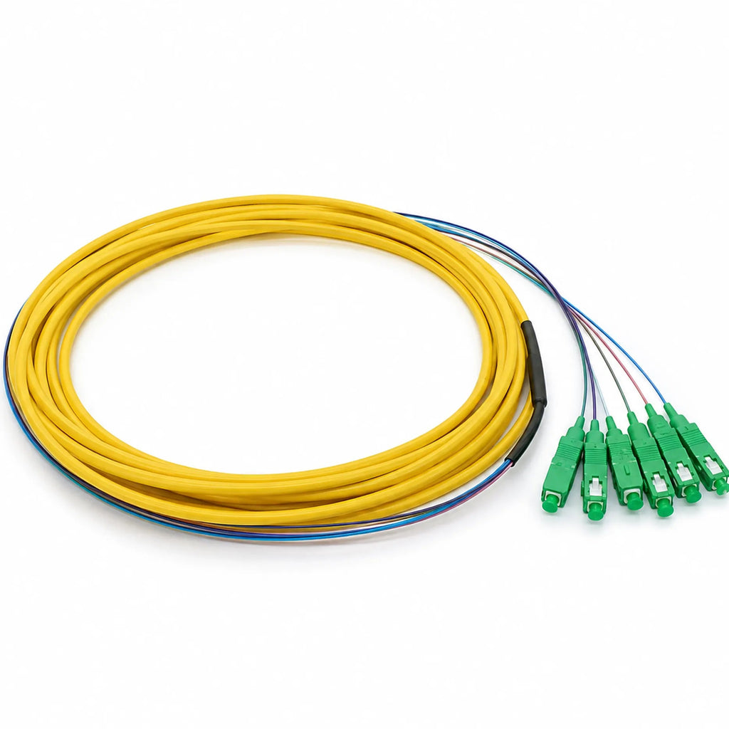 SC to SC APC Single Mode 6-Fiber LSZH Ribbon Fiber Optic Pigtail 3m, Yellow, for Data Center & Telecom