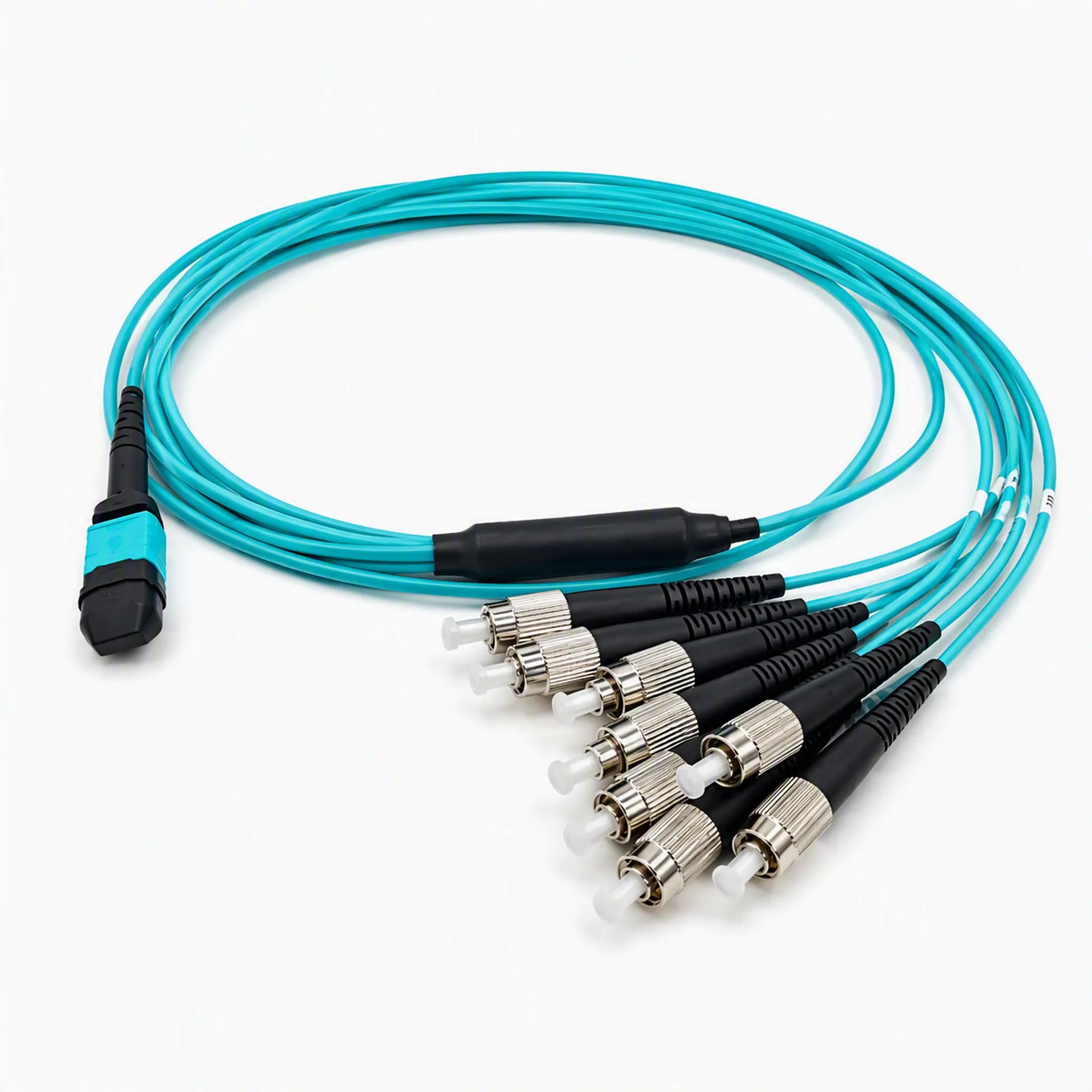 MPO (Female) to 8x FC/UPC Fiber Optic Patch Cord, OM3 Multimode, 8 Fibers, LSZH Jacket, 1m, Aqua, for Data Center & Network Cabling